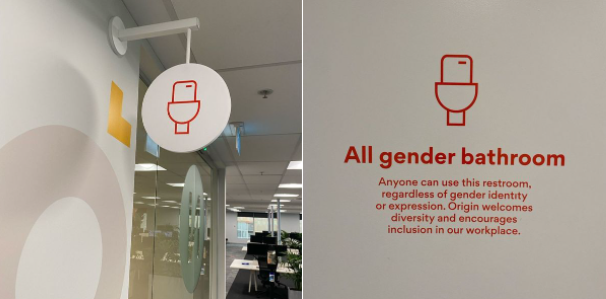 Photo of the new all-gender bathrooms at Origin's Mellbourne Office