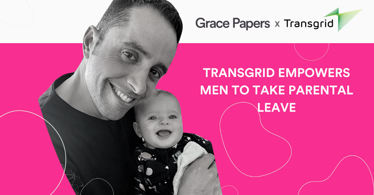 Picture of dad holding baby on pink background, with blog title